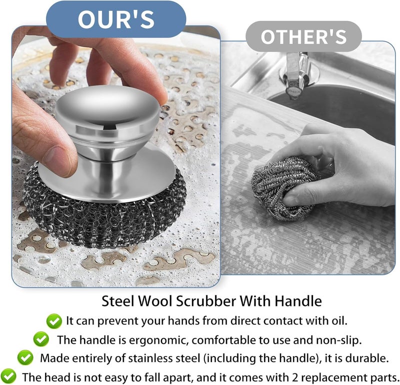 Onewly 2Pack Steel Wool Scrubber Set, Stainless Steel Scrubber with Stainless Steel Handle, for Cleaning Dishes, Cast Iron, Stock Pots, Pans, Griddles, Grills - Image 4